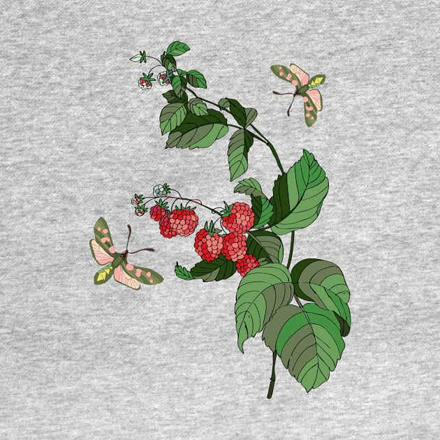 Botanical illustration: raspberry plant and butterflies by EEVLADA